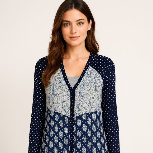 Hem & Thread Navy and White Patterned Button Up Tunic Shirt Boho Size Med - Picture 2 of 5